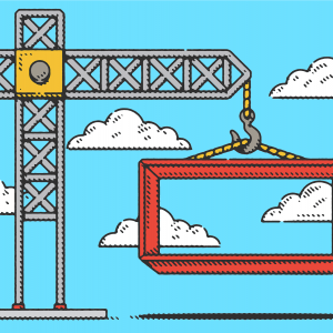 An illustration of a cross-shaped crane lifting an orange box into the sky