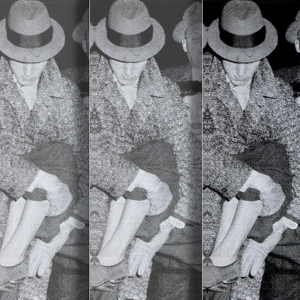 The black and white photo shows Rose Robinson being carried away by three white men. The photo is layered on top of itself a few times. 
