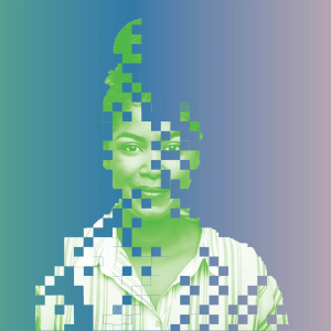 Portrait of a young person who is made up of pixels.