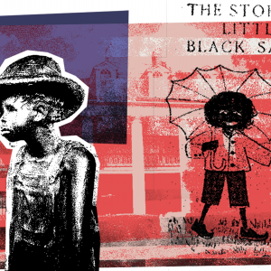 The image is a collage with an American flag in the background and an image of a young Black boy and a illustration of Little Black Sambo, a racist depiction of a Black boy 