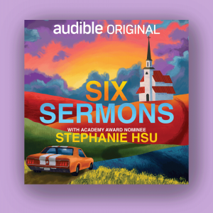 The image shows the cover of the podcast "Six Sermons," which shows a red car and a church with a tall steeple in the background. 