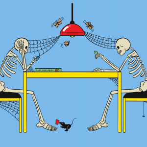 The illustration shows two skeletons sitting at a yellow table working on a puzzle, with cobwebs, flies and mice all over the scene. 