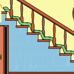 Illustration of a green snake climbing up the stairs.