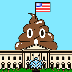 Illustration of a poop emoji on top of the White House with a flag coming out of the top of the swirl.