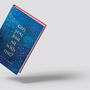 The image shows the cover of the book "Can You Just Sit With Me?" which is  gold text over a dark blue starry background. 