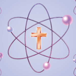 An illustration of a cross in the center of an atom. 