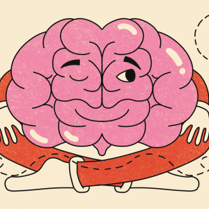 An illustration of a brain sitting cross-legged on the floor with one eye closed and the other open, distracted by a fly buzzing around the room. 
