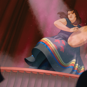 An illustration of a native woman dancing on a stage beating a hand drum and dancing as her colorful skirt billows around her. 