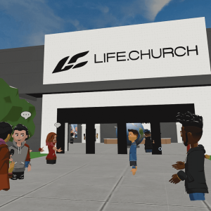A screenshot of the computer-generated Life.Church with metaverse figures mingling outside the virtual doors.
