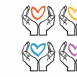 Illustration of hands holding drawings of hearts.