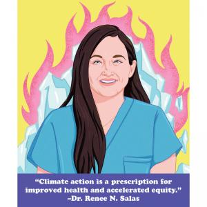 An illustration of Renee N. Salas, a professor and physician at Harvard Medical School. She is wearing light blue scrubs and has long brown hair and blue eyes. An iceberg enveloped in a hot pink flame is behind her.