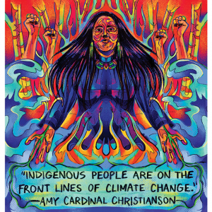 Surreal illustration of an Indigenous woman with dark hair and a purple dress. The bottom and sides of the image are covered by cartoon water in shades of green, blue, and purple, and the top of the image features raised fists in orange, yellow, and red.