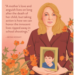 An illustration of Nicole Hockley holding a picture of her deceased son as she stands among orange flowers. A quote from her about taking action in the wake of loss is beside her.