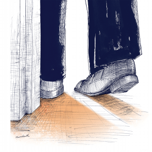 Illustration of someone's feet as they walk out a door.