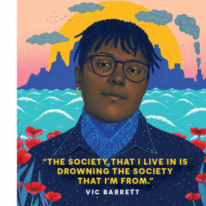 An illustrated portrait of Vic Barrett, a young Honduran climate activist. In the background are mountain silhouettes at sunset and ocean water.