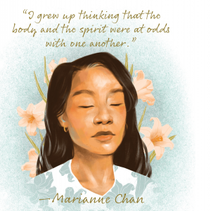 An illustration of poet Marianne Chan with her eyes closed and flowers behind her head