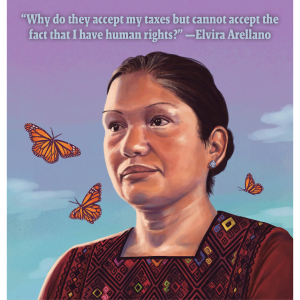 The image shows Elvira Arellano, a hispanic advocate for undocumented immigrants. There are monarch butterflies circling her head. 