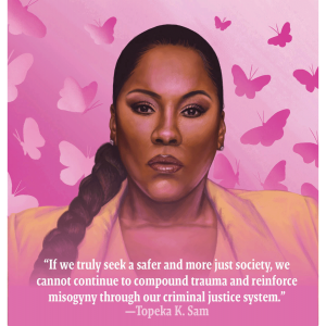 The illustration shows Topeka K. Sam, a black woman wearing a yellow blazer and with a braid. She is on a pink background with butterflies.