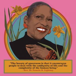 Illustration of Pamela R. Lightsey, a black lesbian Methodist elder. She has a shaved head and is smiling with red lipstick. She wears a black shirt, red earrings, and red bangles with black stripes. She is framed by a rainbow circle and yellow lilies.