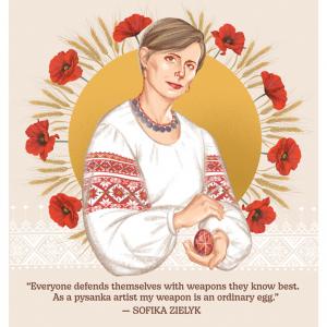 An illustration of a woman named Sofika Zielyk. She has short blonde hair with sideswept bangs is wearing a white dress that has intricate red patterning and loose sleeves. A yellow circle is behind her with red flowers around the circumference.