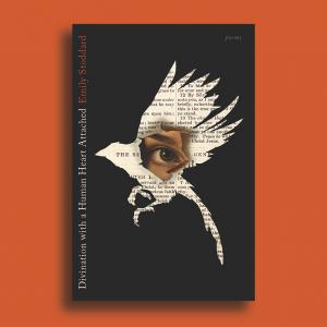 The poetry book 'Divination with a Human Heart Attached' rests over an orange background. The cover depicts a human eye peering through the middle of a torn page, which is cut in the shape of a bird.