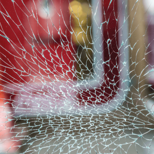 Broken glass that looks like a spider web.