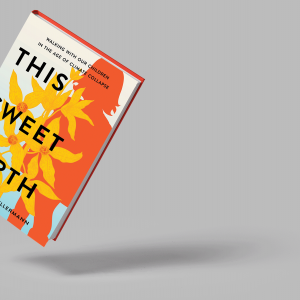 The image shows the book "This Sweet Earth" which has flowers and a silhouette of a girl on the cover. 