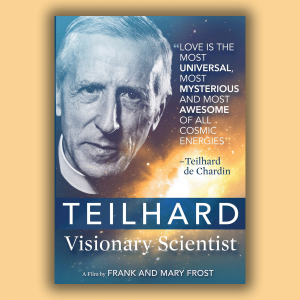 The image shows the cover of the film "Teilhard Visonary Scientist" and has a picture of an older white priest and the solar system