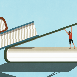 The illustration shows a little person lifting up the cover of a giant book, which other books are stacked on top of. It is on a light blue background. 