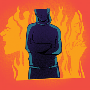 Illustration of two women painted by flames, with a shadowed outline of a third woman in front crossing her arms.