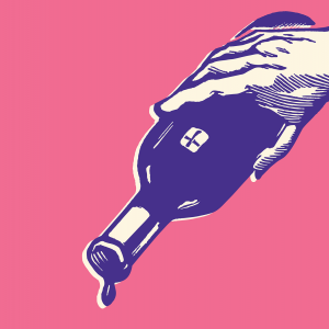 The illustration shows a hand emptying out a bottle of wine. 