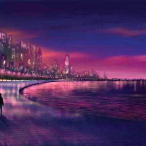 A painterly illustration of two people walking along the edge of a lake on a wide iridescent pathway at night. A cityscape is behind them to the left, and a purple-blue and pink horizon to the right, casting the whole illustration in these two colors.