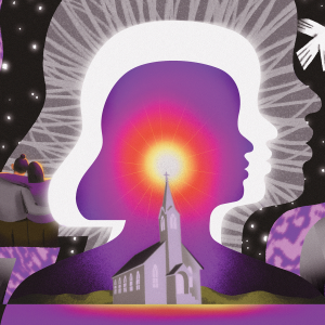 The illustration shows the silhouette of a feminine face, radiating outwards from the steeple of a church. There is a dove flying in the background, and a couple sitting with their arms around each other. 