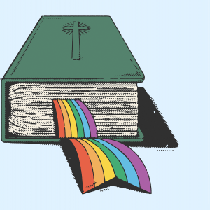 An illustration of a Bible with a rainbow pride flag bookmark poking out of the pages.