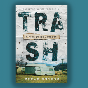 The picture shows a book cover on a blue background. The book is called "Trash" and has a picture of a trailer on it. 