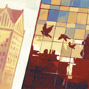 Illustration of a city skyline with an image of birds flying over a church steeple reflected on the glass of a building..