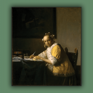 Vermeer's "A Lady Writing" depicts a woman sitting at a desk in a yellow robe writing.