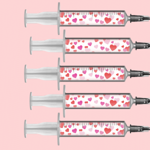 Illustration of vaccine vials with pink and red hearts.
