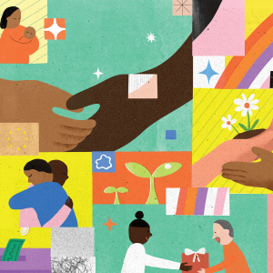 Illustrated quilt-like collage of people of many races helping each other