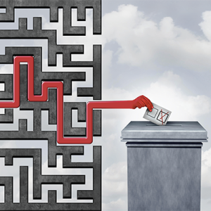 A red hand travels through a maze to deposit a vote.
