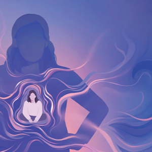 Illustration of a woman with her hands on her hips with another woman sitting in her heart space, meditating and radiating calm.