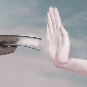 Illustration of a white person's hand refusing a book being held out by a Black person's hand.