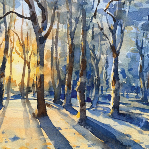 The image is a watercolor painting of a barren forest with a layer of snow and a setting sun shining through the trees. 