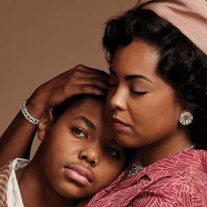 The actress playing Mamie Till-Mobley embraces her son, Emmett Till