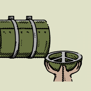 Illustration of a bomb next to hands holding out an empty bowl.