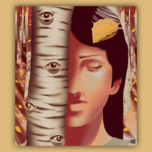 Illustration of half a woman's face visible from behind a birch tree.