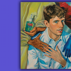 In this Chloe Wise painting, a man is hugging and touching the hand of a person with sterility gloves and purrell hand sanitizer..