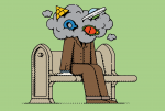 Illustration of a person sitting on a pew with a cloud around their head with Q and other conspiracy symbols