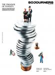 The cover for Sojourners' August 2023 issue, called "The Paradox of Poverty." Small figurines of a white couple in fancy garbs stand on top of a tall stack of silver and gold coins. There are other figurines below working by carrying around dollar bills.