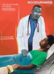 The illustration shows the August issue of Sojourners magazine which depicts a doctor at the death bed of a dying man. The dying man is black and wearing a green shirt and holding the hand of someone else who is not in the image.